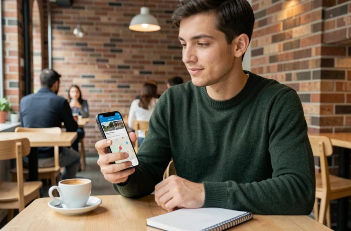 Jeune entrepreneur recherchant l'adresse du siège social d'une entreprise sur une application mobile dans un café urbain