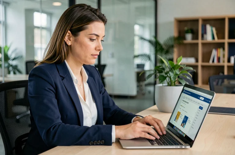 Femme professionnelle recherchant l'adresse du siège social d'une entreprise sur un site de registre en ligne depuis son bureau