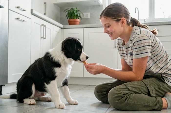 Adolescente récompensant son chiot border collie de 2 mois avec une friandise lors de l'apprentissage de la propreté