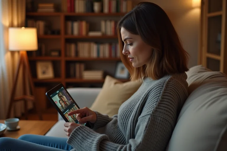 Femme regardant Plus belle la vie en avance sur une tablette depuis son canapé grâce à Mamcin