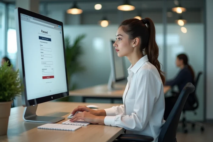 Jeune femme réinitialisant son mot de passe pour accéder à son espace client MyCitya depuis un ordinateur de bureau en open space