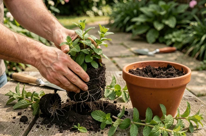 Rempotage d'un plant de menthe avec de la terre fraîche dans un nouveau pot en terre cuite sur une table de jardin en pierre