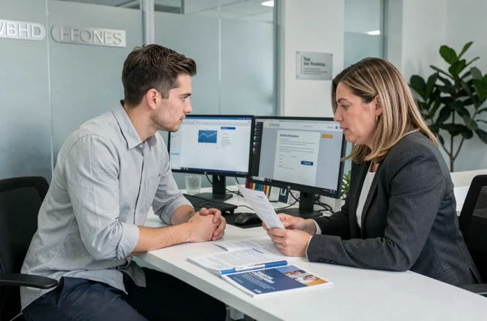 Jeune homme en rendez-vous avec un conseiller en mutuelle santé dans une agence professionnelle