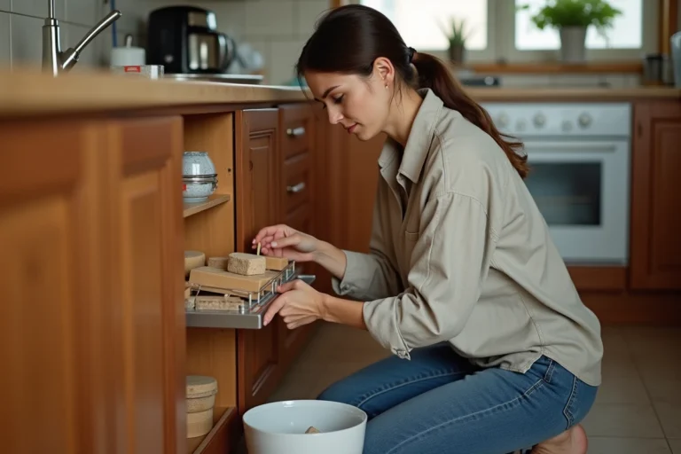 Femme utilisant des répulsifs naturels contre les ophobes dans un placard de cuisine