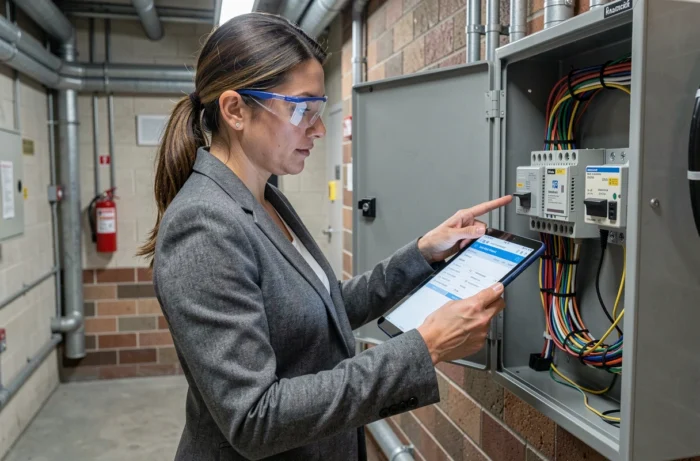 Responsable de maintenance vérифiant le câblage d'une gâche électrique sur tableau électrique en salle technique