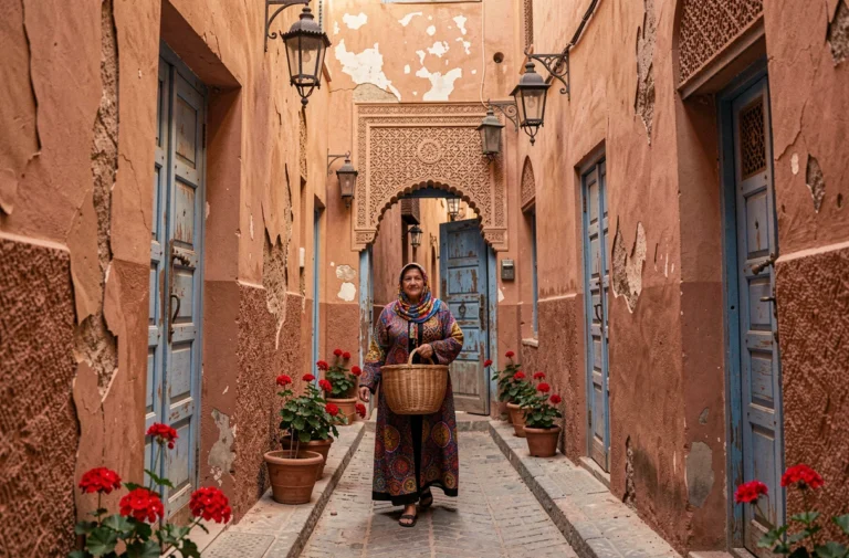 Ruelle étroite de la médina de Marrakech avec une femme en djellaba devant l'entrée d'un riad traditionnel aux portes en bois sculptées