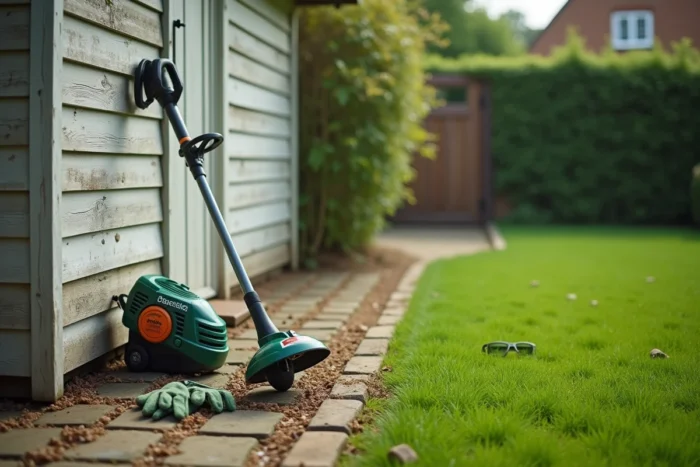 Rotofil électrique appuyé contre un cabanon de jardin avec des accessoires de jardinage posés à côté