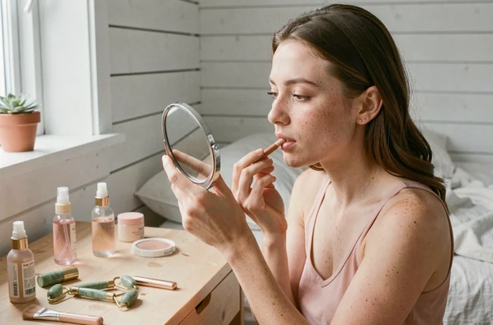 Jeune femme aux taches de rousseur appliquant un baume à lèvres teinté devant un miroir à main sur une coiffeuse en bois avec des produits de beauté essentiels