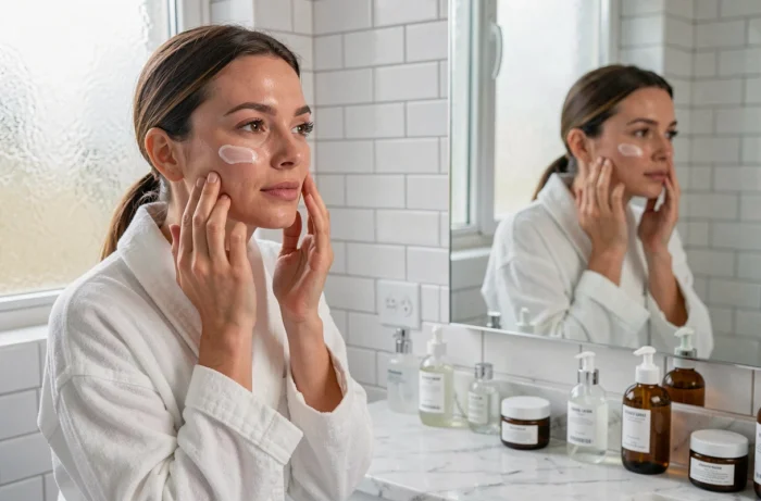 Femme appliquant une crème hydratante sur son visage devant un miroir de salle de bain avec des produits de soin soigneusement disposés sur un comptoir en marbre