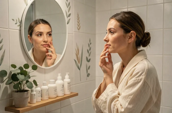 Femme appliquant un sérum visage dans une salle de bain style scandinave avec des produits de soin minimalistes