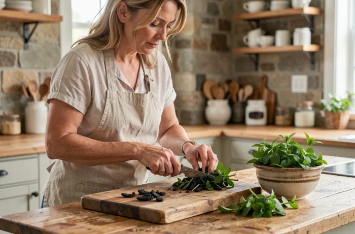 Femme qui taille des tiges de menthe noircies avec des ciseaux de jardin sur une planche en bois dans une cuisine rustique
