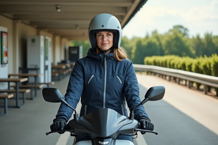 Femme motarde en pause sur une aire d'autoroute à côté d'un scooter de tourisme