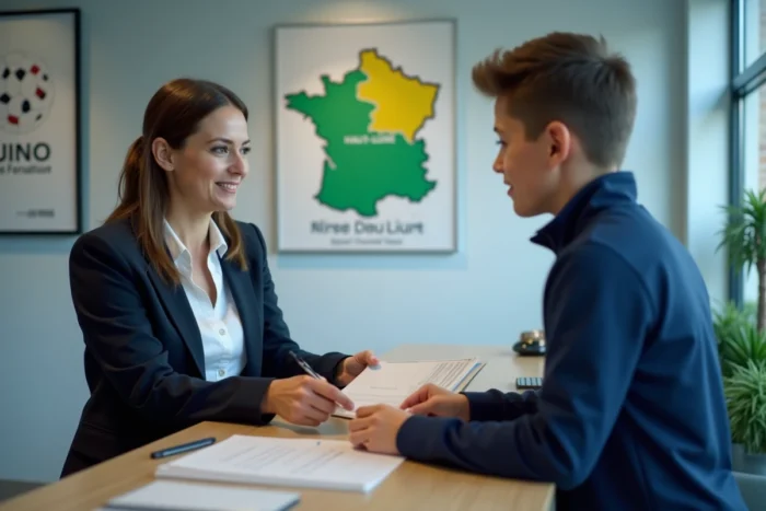Secrétaire de club remettant un dossier de mutation à un joueur dans les locaux d'une fédération sportive en Haute-Loire