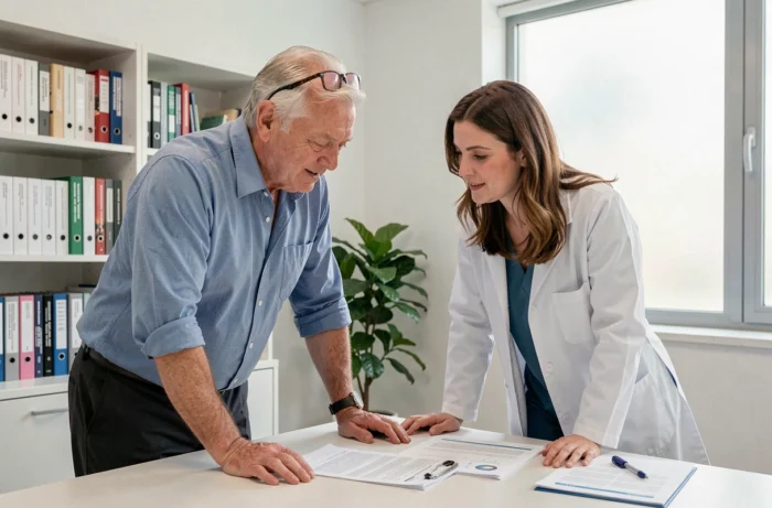 Senior en consultation médicale avec une médecin dans un cabinet moderne, illustrant le suivi de santé et la prévention pour les personnes âgées