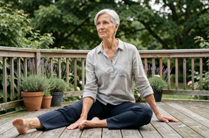 Femme senior pratiquant le yoga en plein air sur une terrasse en bois entourée de verdure, illustrant le bien-vieillir et la santé des retraités