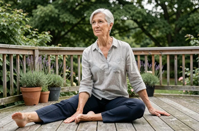 Femme senior pratiquant le yoga en plein air sur une terrasse en bois entourée de verdure, illustrant le bien-vieillir et la santé des retraités