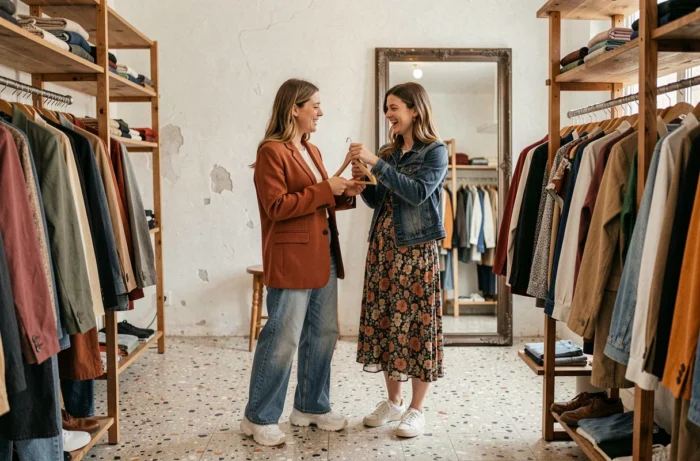 Deux femmes tendance faisant du shopping dans une boutique vintage, inspiration mode et style quotidien