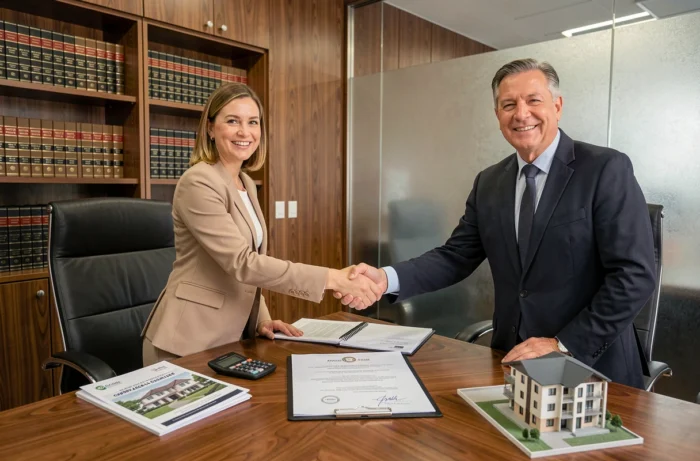 Assinatura de um ato imobiliário entre um investidor e um profissional em um escritório notarial