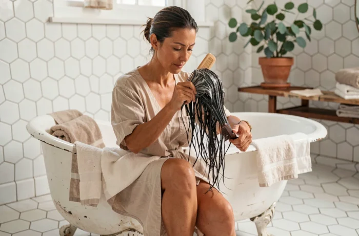 Femme aux cheveux sombres appliquant un masque nourrissant sur ses cheveux humides assise sur le bord d'une baignoire dans une salle de bain vintage