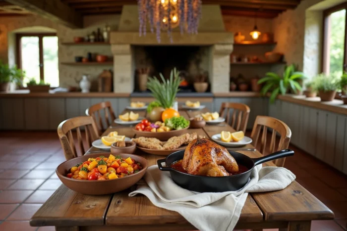 Table rustique garnie de plats gourmands faits maison dans une cuisine de campagne française