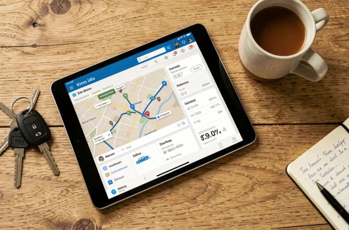 Vue en plongée d'une tablette affichant une application de planification d'itinéraire pour voiture électrique sur une table en bois