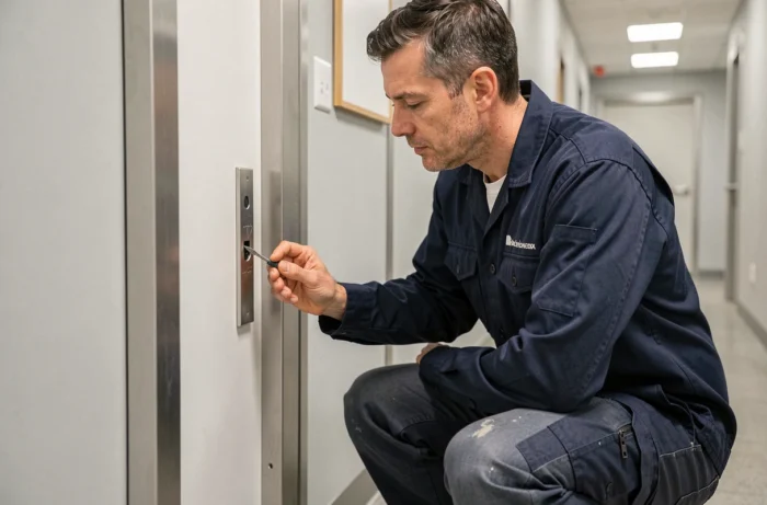 Technicien inspectant une gâche électrique encastrée dans une porte de bureau avec un tournevis