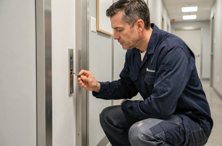 Technicien inspectant une gâche électrique encastrée dans une porte de bureau avec un tournevis