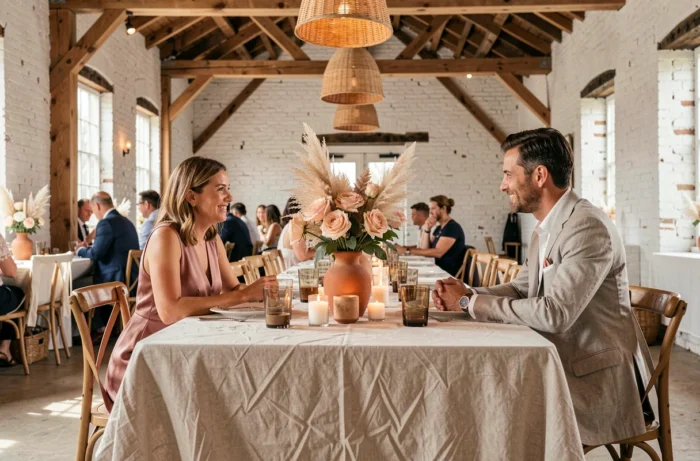 Table de réception de mariage rustique-chic dans une grange rénovée avec décoration en graminées séchées, roses blush et céramiques terracotta