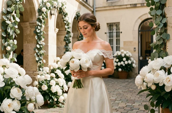 Mariée en robe de mariée en soie ivoire tenant un bouquet de pivoines blanches dans une cour parisienne en pierre avec des guirlandes d'eucalyptus