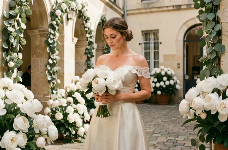 Mariée en robe de mariée en soie ivoire tenant un bouquet de pivoines blanches dans une cour parisienne en pierre avec des guirlandes d'eucalyptus