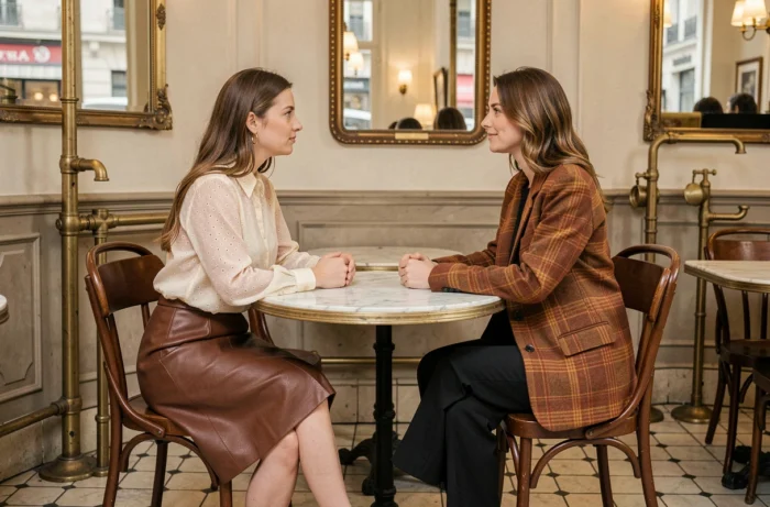 Deux femmes aux styles saisonniers distincts attablées dans un café parisien vintage reflétant les dernières tendances mode