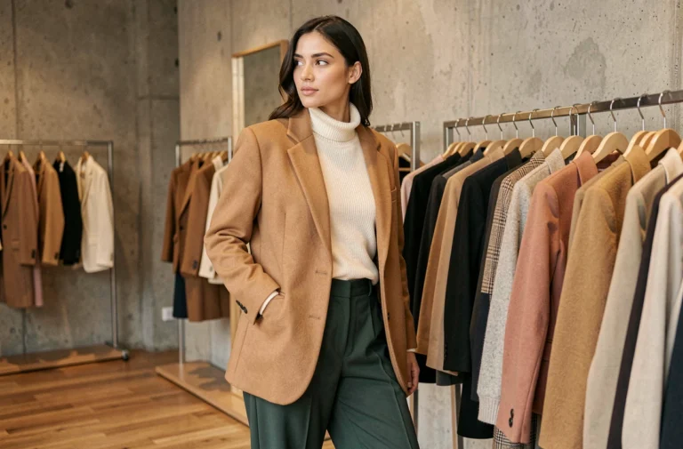 Femme élégante portant un blazer camel oversize et un pantalon vert large dans une boutique de mode parisienne minimaliste