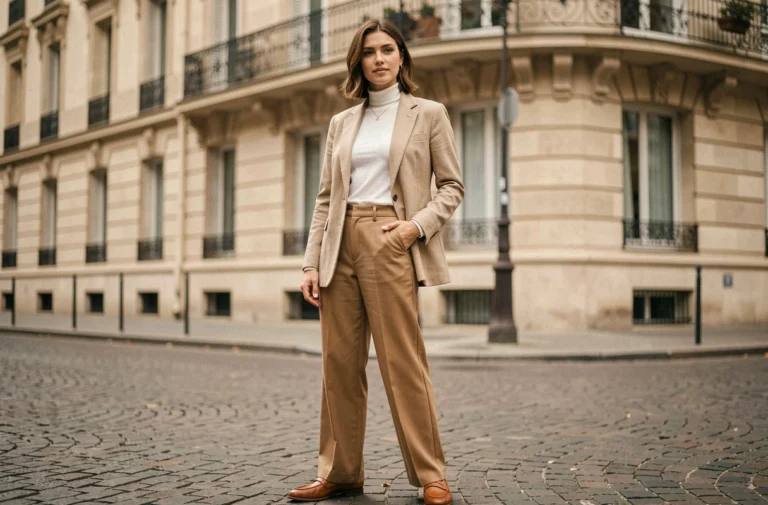 Femme élégante en blazer beige et pantalon camel dans une rue pavée parisienne, style mode automne tendance