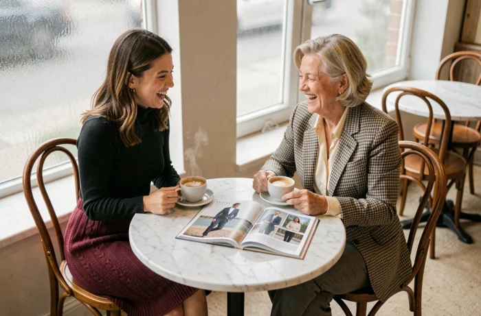 Deux femmes élégantes aux styles complémentaires partagent un magazine de mode autour d'un café, tendances vestimentaires féminines automne au café parisien