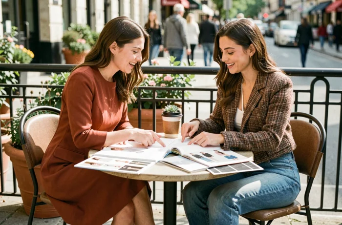 Deux femmes tendance consultant des lookbooks de mode à la terrasse d'un café urbain, styles saisonniers actuels
