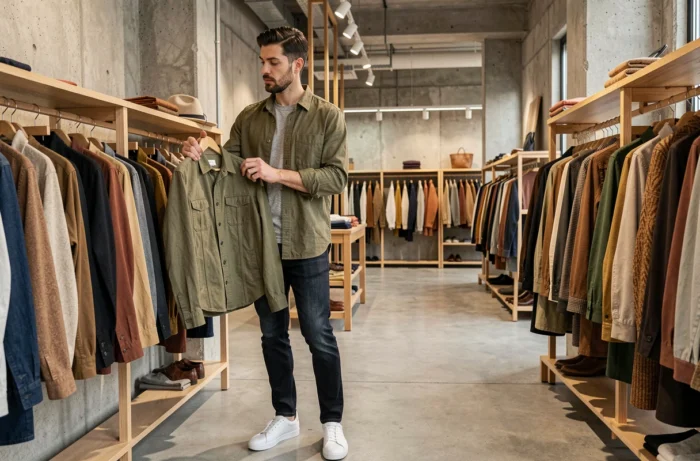 Homme stylé en overshirt kaki explorant des vêtements dans un concept store moderne, tendances mode masculine contemporaine