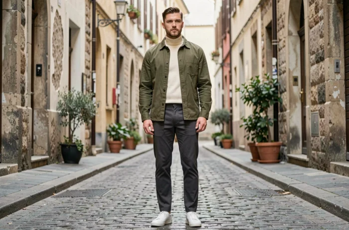 Homme en tenue tendance automne avec overshirt olive et chino charbon dans une rue pavée européenne, look mode masculine casual-chic