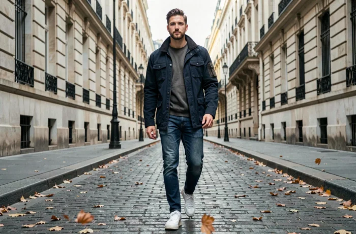 Homme en veste utility marine et jean brut marchant sur une rue pavée parisienne en automne avec un style urbain moderne