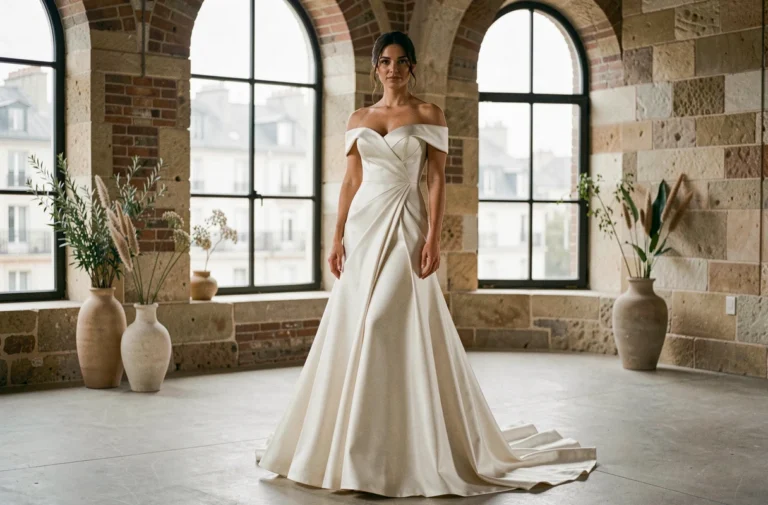 Mariée en robe de mariée satin moderne dans un loft parisien aux murs en pierre apparente, tendances mariage 2024