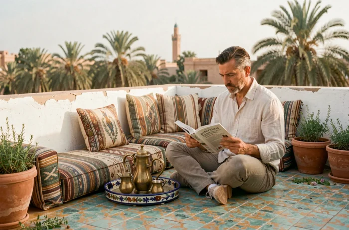 Terrasse de toit d'un riad pas cher à Marrakech avec vue sur la palmeraie, service à thé marocain et voyageur en train de lire