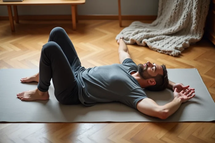 Homme allongé en torsion spinale au sol en yin yoga dans un salon chaleureux avec parquet en chêne