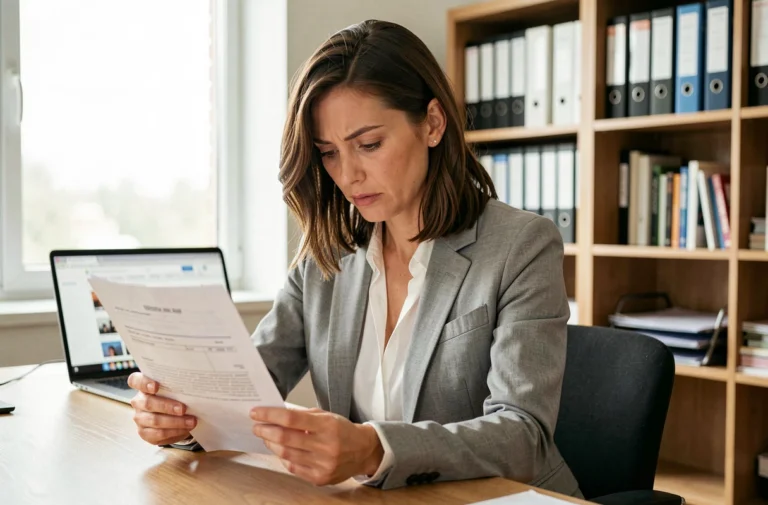 Femme vérifiant la fiabilité d'un dossier de location en ligne sur son bureau à domicile