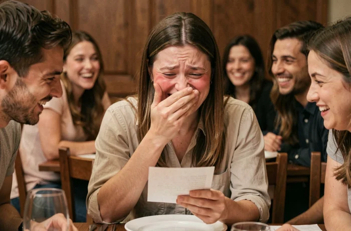 Femme embarrassée lisant une vérité gênante dans une cocotte en papier lors d'une soirée