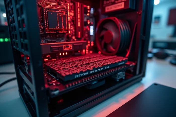 Intérieur d'un ordinateur ouvert illustrant la propagation d'un virus informatique à travers les composants matériels