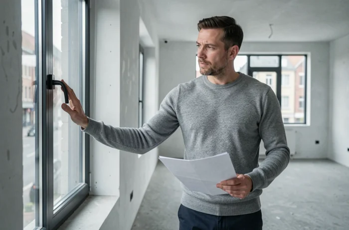 Homme inspectant un appartement vide lors d'une visite immobilière avant achat