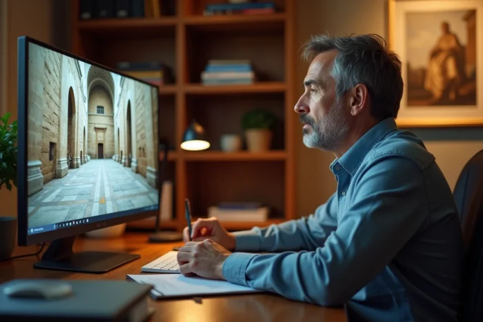 Homme explorant une visite virtuelle commentée d'un musée international depuis son bureau à domicile