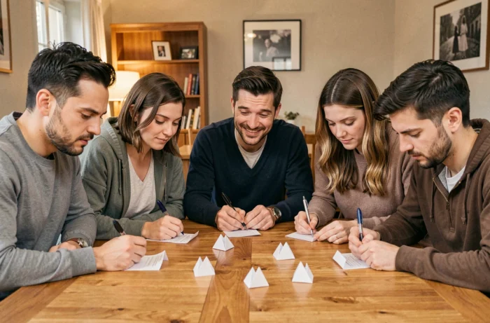 Groupe d'adultes votant secrètement sur un joueur lors d'un jeu de cocotte en papier