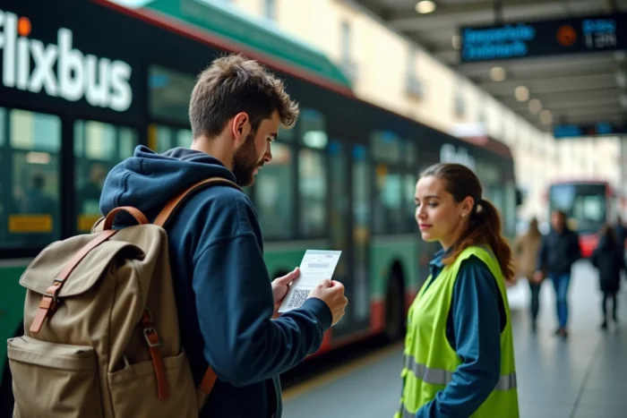 Voyageur masculin validant son pass Interrail auprès d'un agent FlixBus dans une gare routière européenne