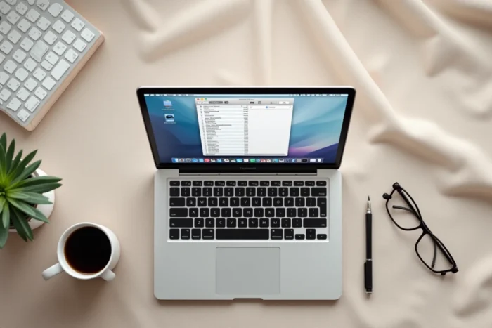 Vue aérienne d'un MacBook Air affichant l'historique d'impression macOS sur un bureau en lin beige